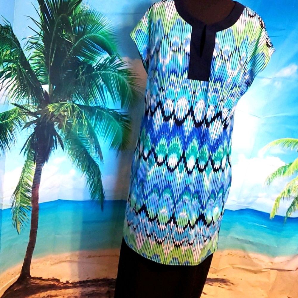 Laundry sleeveless shift dress blue, green Small